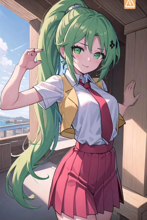 masterpiece, best quality, ultra-detailed, 1girl, Flagged for review, Mion Sonozaki, green hair, green eyes, ponytail,white shirt, red necktie, yellow vest, red skirt,