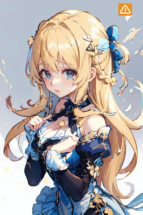 <lora:FLAGGED:0.7> Flagged for review, ultra detailed, masterpiece, best quality, solo, white and blue theme, blue clothes, (facing viewer, 
 straight-on, portrait:1.3), crying, 
1girl, very long hair, blonde hair, long blonde hair, french braid, bangs, medium breasts, 
hair ribbon, frilled choker, criss-cross halter, sleeveless dress, high-waist skirt, backless dress, waist bow, detached sleeves, frilled sleeves, wide sleeves,  <lora:concept_indexfingerstogether:1>( index fingers together:1.3)