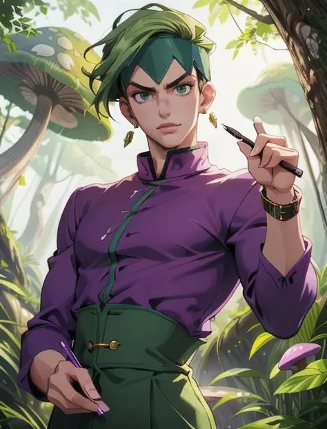 best quality, masterpiece, highres, detailed, digital artwork, <lora:Detail - add_detail:0.2>, RohanK, green hair, two-tone hair, purple shirt, green veet, buttons, jojo pose, holding pen, smug, headband, earrings, mushroom forest, <lora:Character - RohanK:0.9>, 1man,