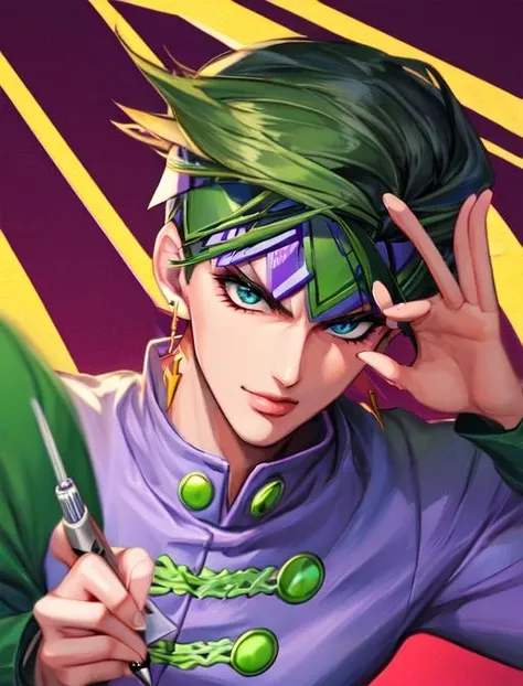 best quality, masterpiece, highres, detailed, digital artwork, <lora:Detail - add_detail:0.2>, RohanK, green hair, two-tone hair, purple shirt, green veet, buttons, jojo pose, holding pen, smug, headband, earrings, fall, <lora:Character - RohanK:0.9>, 1man,