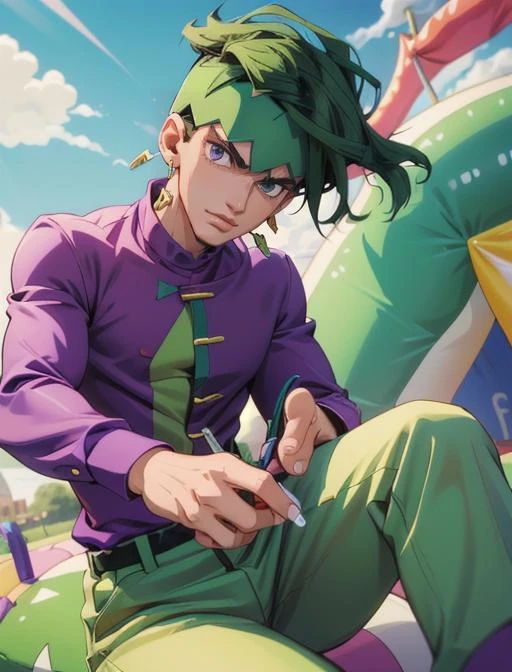 best quality, masterpiece, highres, detailed, digital artwork, <lora:Detail - add_detail:0.2>, RohanK, green hair, two-tone hair, purple shirt, green veet, buttons, jojo pose, holding pen, smug, headband, earrings, bouncy castle, <lora:Character - RohanK:0.9>, 1man,