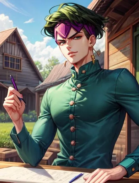 best quality, masterpiece, highres, detailed, digital artwork, <lora:Detail - add_detail:0.2>, RohanK, green hair, two-tone hair, purple shirt, green veet, buttons, jojo pose, holding pen, smug, headband, earrings, hen house, <lora:Character - RohanK:0.9>, 1man,