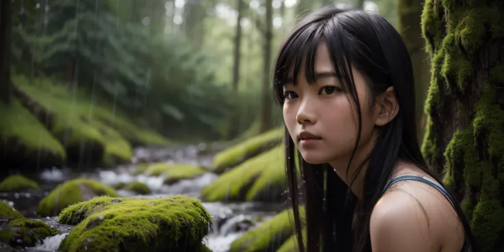 asian girl, cute, looking at viewer, fall in love, contemporary fantasy, falling rain, spring rain, fresh, 1girl, solo, outdoors, picturesque, exquisite, <lora:LowRA:0.1>, <lora:add_detail:0.3>, forest, mossy trees, mossy rocks, druid, closeup, cinematic, photorealistic, hyperrealistic, realistic, highly detailed