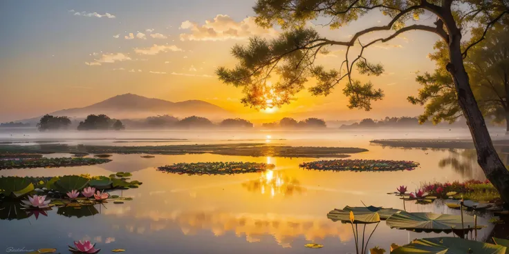 impressionism painting of a pond of lotus on a foggy morning, sun low on horizon through skyscrapers, soft light, misty, photorealistic, hyperrealistic, realistic, highly detailed