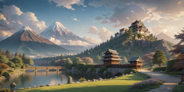 a beautiful painting of a singular Japanese castle, with a garden as foreground, with mountains as background, by greg rutkowski and thomas kinkade, Trending on artstation