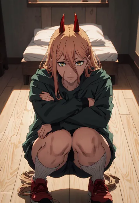(safe:1.10), best quality, masterpiece, highres, solo, (power_chainsawman:1.10), squatting, cowboy shot, looking at viewer, anime_style, 33 <lora:power_chainsawman:0.80>
