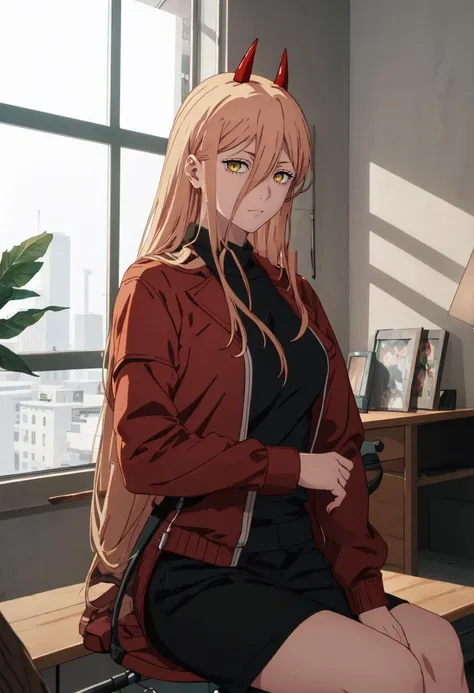 (safe:1.10), best quality, masterpiece, highres, solo, (power_chainsawman:1.10), sitting, sitting on chair, chair, cowboy shot, looking at viewer, anime_style, 32 <lora:power_chainsawman:0.80>