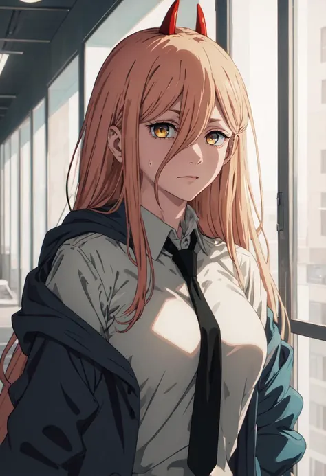 best quality, masterpiece, highres, solo, (power_chainsawman:1.10), 1girl, black necktie, blue jacket, closed mouth, collared shirt, hood, looking at viewer, upper body, white shirt, off shoulder, orange eyes, sweatdrop, anime_style, 0 <lora:power_chainsawman:0.80>