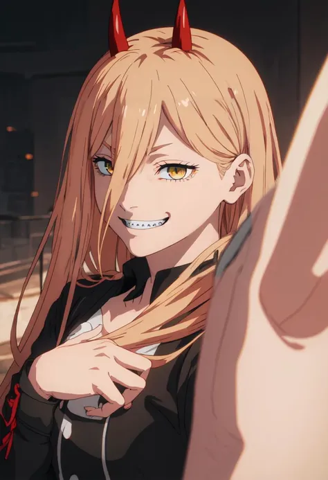 best quality, masterpiece, highres, solo, (power_chainsawman:1.10), evil grin, evil smile, grin, portrait, looking at viewer, anime_style, 40 <lora:power_chainsawman:0.80>