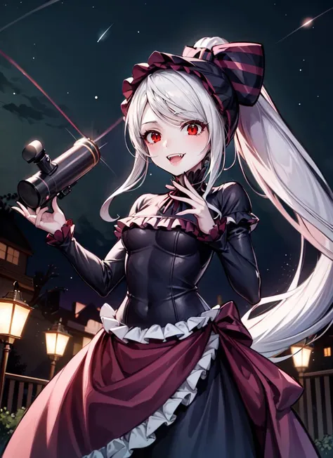 ((best quality)), ((highly detailed)), masterpiece, , <lora:more_details:.4>, (1girl), (solo), dynamic pose, cowboy shot, <lora:Shalltearnew:1>, shalltear bloodfallen, white hair, long hair, red eyes, vampire, fangs, smiling, ponytail, shalltearcostume, bonnet, frills, (outdoors, at a cafe, coffee, night, night sky, stars, moonbeam, shooting star, telescope, clear weather)