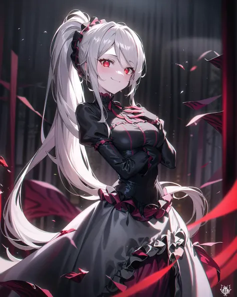 masterpiece, best quality, ultra-detailed, illustration, epic lighting, cinematic composition, colorful, 1girl, shalltear bloodfallen, solo, medium breasts, pale skin, (grey hair:1.2), long hair, (ponytail:1.2), red eyes, slit pupils, glowing eyes, shalltearcostume, standing, cowboy shot, own hands together, facing viewer, looking at viewer, smile, closed mouth, fang, evil, hostile, royal, majestic, elegant, graceful, cowboy shot, outdoors, gloomy forest, fog, (dark, darkness, night, crimson sky), (8k:1.1) <lora:shalltearBloodfallen_v10:0.8>