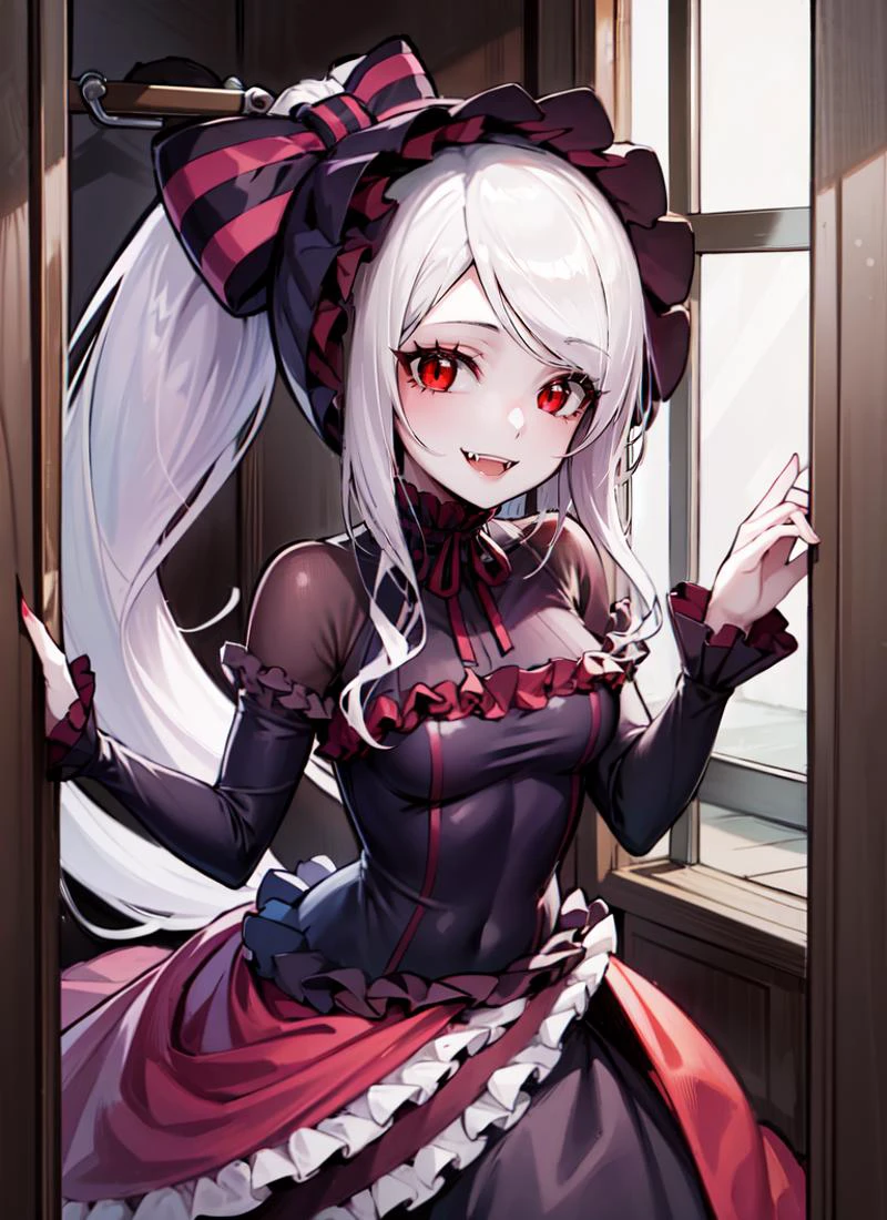 ((best quality)), ((highly detailed)), , (1girl), (solo), wariza, <lora:Shalltearnew:1>, shalltear bloodfallen, white hair, long hair, red eyes, vampire, fangs, smiling, ponytail, shalltearcostume, bonnet, (inside, at a closet)