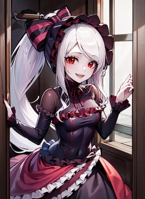 ((best quality)), ((highly detailed)), , (1girl), (solo), wariza, <lora:Shalltearnew:1>, shalltear bloodfallen, white hair, long hair, red eyes, vampire, fangs, smiling, ponytail, shalltearcostume, bonnet, (inside, at a closet)