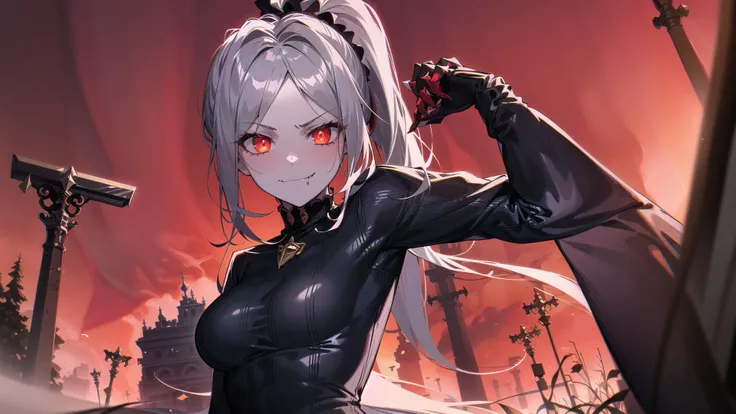 highres, highest quallity, 1girl, adult, solo_focus, solo, (sexy, beautiful woman, perfect face, perfect eyes, perfect female body, kkw-h-bb)1.5, 1girl, dark persona, corruption, red eyes, solo, very long hair, white hair, breasts, tohsaka rin, striped dress, ribbons, body markings, twintails, outdoors,smile, posing, nice hands, perfect hands, darkrin, seductive smile, ruins, night, open mouth, black eyeshadow,