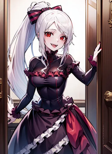 ((best quality)), ((highly detailed)), , (1girl), (solo), cowboy shot, <lora:Shalltearnew:1>, shalltear bloodfallen, white hair, long hair, red eyes, vampire, fangs, smiling, ponytail, shalltearcostume, (indoors, in a closet)