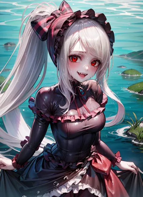 ((best quality)), ((highly detailed)), detailed face, beautiful face, , (1girl), (solo), dynamic angle, cowboy shot, ((wide shot)), <lora:hairdetailer:1>, <lora:Shalltearnew:1>, shalltear bloodfallen, white hair, long hair, red eyes, vampire, fangs, smiling, ponytail, shalltearcostume, bonnet, (outside, at a lake, partially submerged, wet hair, dawn)