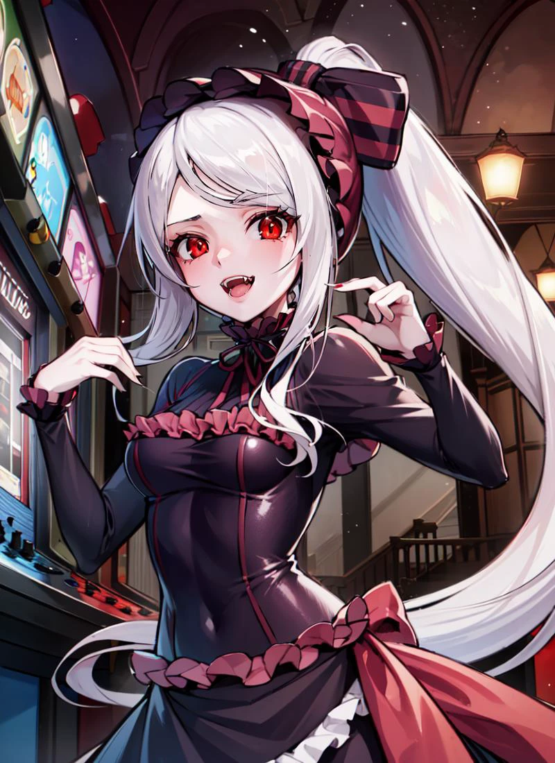 ((best quality)), ((highly detailed)), masterpiece, , (1girl), (solo), dynamic pose, upper body, <lora:Shalltearnew:1>, shalltear bloodfallen, white hair, long hair, red eyes, vampire, fangs, ponytail, shalltearcostume, bonnet, frills, (indoors, at an arcade)