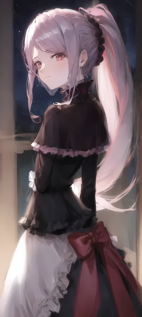 shalltear bloodfallen, shalltearcostume, ponytail, outdoors, (night, starry sky:1.1), masterpiece, arms behind back, best quality, 1girl, closed mouth, <lora:shalltear:0.9>, dark background
