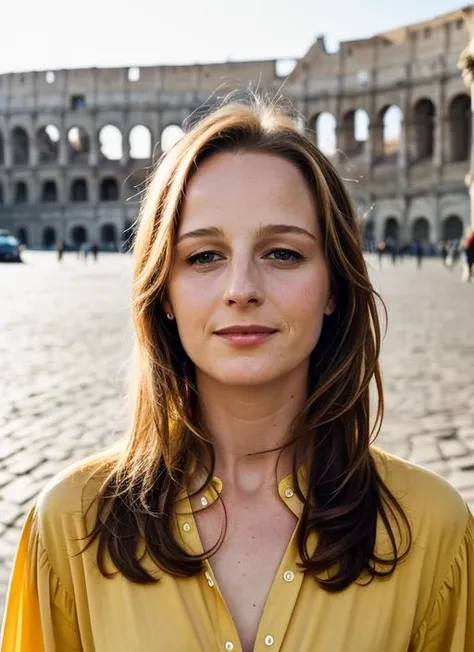 portrait of sks woman in rome, in front of coloseum, by Flora Borsi, style by Flora Borsi, bold, bright colours, ((Flora Borsi)), by Peter Lindbergh, <lora:lora-small-helen-hunt-v1:1>