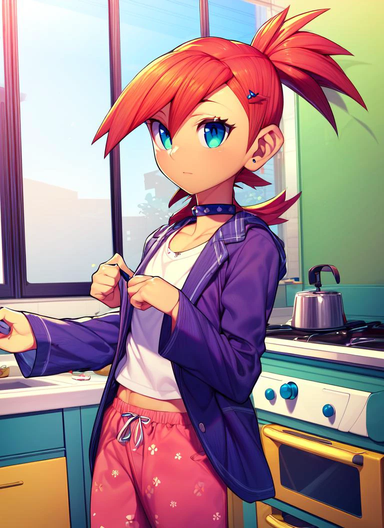 ((best quality)), ((highly detailed)), masterpiece, absurdres, detailed face, beautiful face, (detailed eyes, deep eyes), <lora:more_details:.5>, (1girl), cowboy shot, ((blazer, pajama pants, flip-flops)), <lora:hairdetailer:.9>, <lora:Frankie-20:.6>, FrankieFoster, green eyes, red hair, pony tail, spiky hair, green hoodie, white shirt, purple skirt, ponytail, choker, midriff, (indoors, at a kitchen), <lora:Casual_Anime_Style_V2:.9>, AGGA_ST009