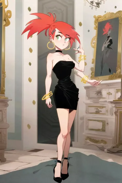 ((best quality)), ((highly detailed)), masterpiece, ((official art)), detailed face, beautiful face, (detailed eyes, deep eyes), (1girl), cowboy shot, <lora:Frankie-20:.95>, FrankieFoster, green eyes, red hair, pony tail, spiky hair, black dress, bare shoulders, jewelry, ponytail, bracelet, strapless, hoop earrings, black choker, high heels