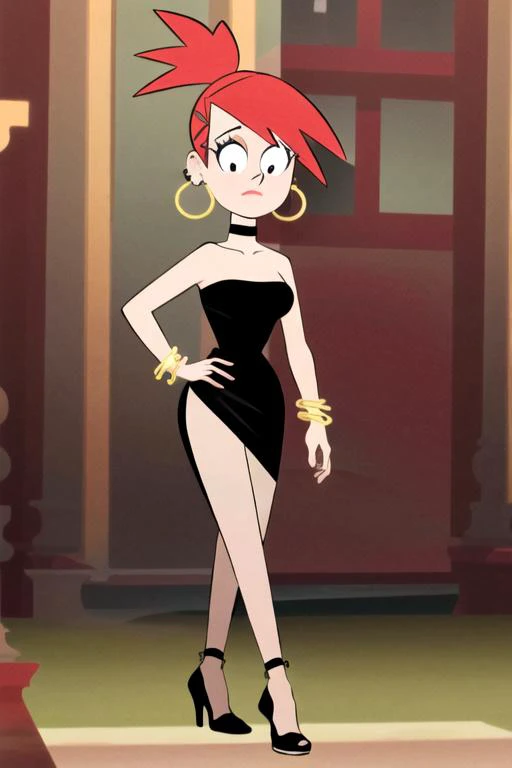 ((best quality)), ((highly detailed)), masterpiece, ((official art)), (detailed eyes, deep eyes), (1girl), full body, <lora:Frankie-20:.9>, FrankieFoster, FostersStyle, black pupil, red hair, pony tail, spiky hair, black dress, bare shoulders, jewelry, ponytail, bracelet, strapless, hoop earrings, black choker, high heels