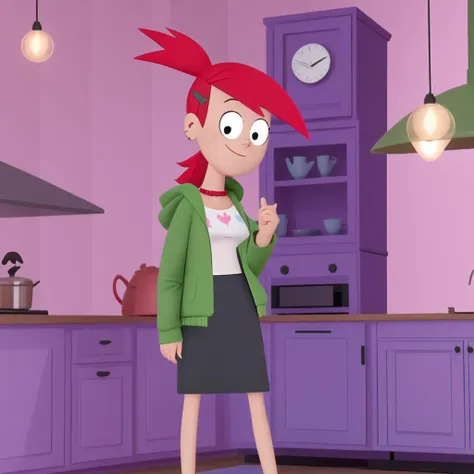 <lora:Frankie-20:0.82> frankie foster, (FosterStyle), (((black pupil))), excellent line work, green jacket, masterpiece, high quality, kitchen background, purple skirt, very tired, messy ponytail, tank top, pony tail, morning, tall female, sly smile,