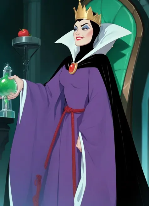 grimhilde, cape, cloak, crown, dress,  makeup,  robe, queen,  standing,
laboratory, throne, wicked smile, peeling apple,
score_9,score_8_up,score_7_up,source_cartoon,
<lora:evil_queen_grimhilde-000045:1>