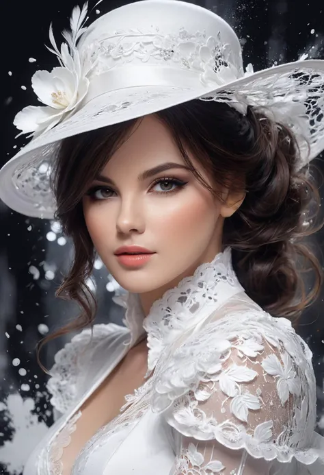 eautiful ohwxkb woman brunette in white hat, wearing white lace gloves, romantic makeup,
black and white speedpaint with large strokes and splashes of paint,
by Ismail Inceoglu, Kaluta, richard anderson, epic, paint splatter,
gorgeous, masterpiece, sharp focus, depth of field,
unreal engine, perfect composition, digital art on pixiv, artstation, 8k, hdr <lora:katebeckinsale-ohwxkb:1>