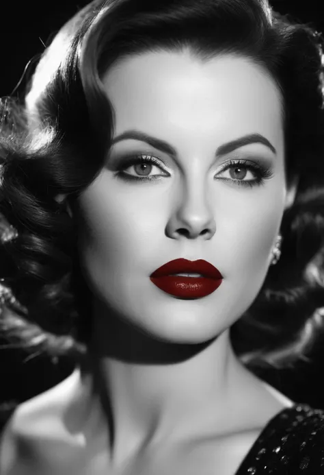 film noir style, ohwxkb woman, red lips, highly detailed, sharp focus, ultra sharpness, monochrome, high contrast, dramatic shadows, 1940s style, mysterious, cinematic <lora:katebeckinsale-ohwxkb:1>