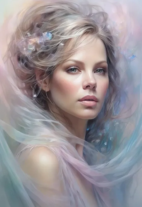 Abstract style hauntingly ethereal portrait of a mysterious ohwxkb woman figure draped in translucent fabric, crystals adorning their hair, amidst a dreamlike swirl of pastel hues and soft light, evoking a sense of calm serenity and elusive beauty, high detail, award winning masterpiece with incredible details . Non-representational, colors and shapes, expression of feelings, imaginative, highly detailed <lora:katebeckinsale-ohwxkb:1>
