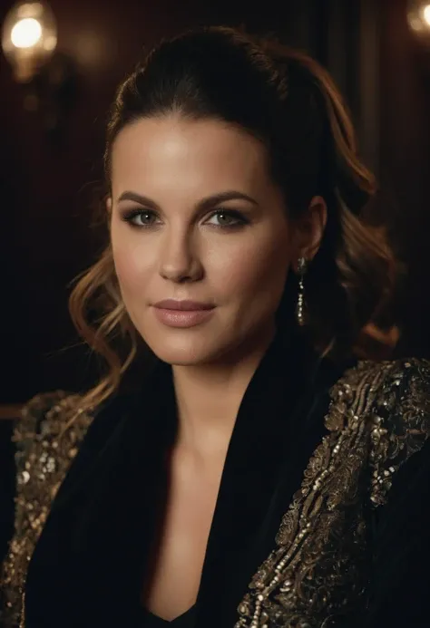 detailed portrait of a young and beautiful ohwxkb woman seated in a speakeasy, shot with cinematic camera <lora:katebeckinsale-ohwxkb:1>