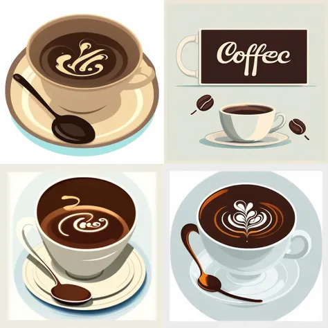a cup of coffee with a spoon on a saucer, printdesign