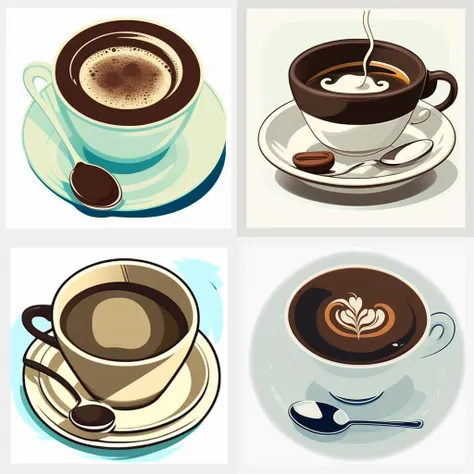 a cup of coffee with a spoon on a saucer, printdesign
