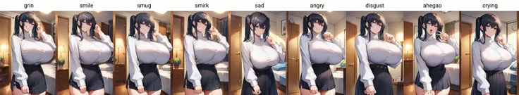 score_9, score_8_up, score_7_up, source_anime, 1girl,blue eyes,twintails, black hair, turtleneck sweater, white sweater, black skirt, grin,looking at viewer, from front, bedroom, standing, huge breasts <lora:Kirome-Style-PonyXL-Dora-000022:1>