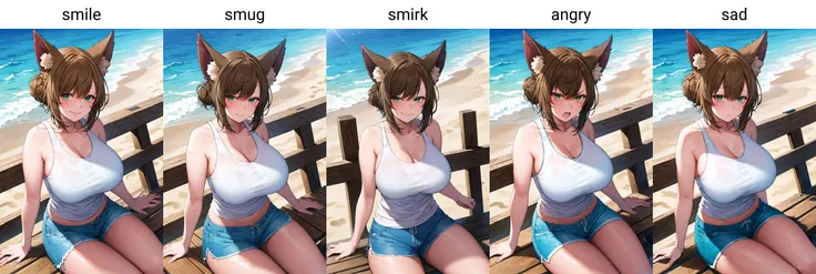 masterpiece, best quality, 1girl, solo, sitting, on bench, outdoors, beach, tank top, (white tank top:1.2), brown hair, green eyes, (smile), side bun, bangs, short hair, huge breasts, blue shorts, fox ears <lora:Suruga-Style-000120:1>