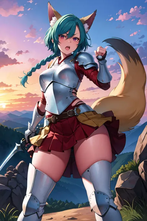 masterpiece, best quality, 1girl, solo, standing, (blue hair), red eyes, angry, disgust, glowing eyes, open mouth, long hair. side braid, bob cut, (small breasts), fox ears, fox tail, fox girl, (wide hips), (thick thighs),
BREAK
knight armor, knightess, knight, armor pants, knight chesplate, amored skirt, shining sword, armored boots, plate armor, , fully clothed
BREAK
outdoors, (sunset:1.2), beautiful light, mountains, snowy mountains
<lora:Creamcod-Style-v1-000070:1>