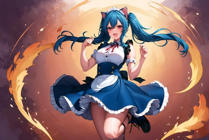 masterpiece, 1girl, cat ears, cat tail, cat girl, maid dress, maid apron, maid tiara, jumping, happy, blue hair, red eyes, hands up, long hair, absurdly long hair, twintails, full body, cowboy shot,<lora:Suruga-Style-000120:1>