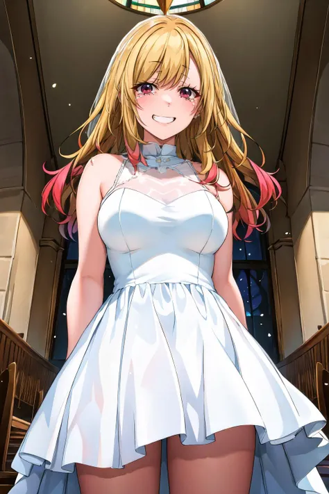 masterpiece, best quality, highres, kitagawa marin, 1girl, blonde hair, long hair, multicolored hair, red eyes, wedding dress, in a chapel, dynamic lights, <lora:kitagawa_marin_v1-1:0.7>, grin, smile, joy, tears in eyes, standing, cowboy shot, <lora:Suruga-Style-000120:1>