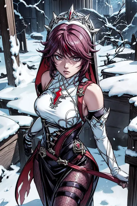 thick outlines, comics, photorealistic, 1girl, solo, <lora:rosaria:0.9>, rosaria(genshin impact), nun, short hair, red hair, purple hair, dress, bare shoulders, elbow gloves, fishnet pantyhose, snow, ruined church, detailed background, detailed face, detailed eyes, <lora:add_detail:0.7>