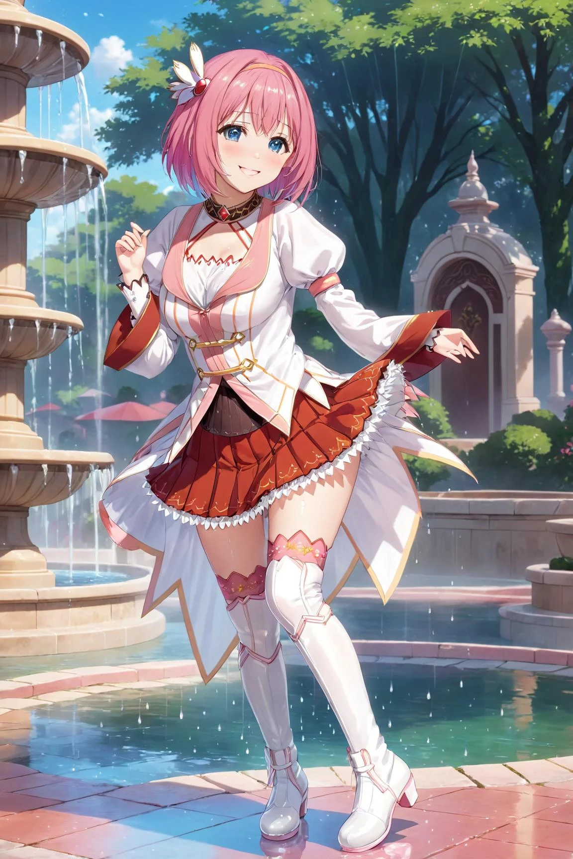 image of a beautiful girl, with captivating eyes, dancing happyly beside an fantasy fountain, (full body framing:1.4), shot from side, face focused, shy smile, wet, wet clothes, see through,
1girl, solo, <lora:YuiXL-000003:1> yui, pink hair, red pleated skirt, puffy sleeves, white thigh boots, white thighhighs, white footwear, yui \(princess_connect!\), blush, nose blush, medium breasts,
16k, ultra-detailed,(best quality),((masterpiece)), highres, professional, highly detailed background, vivid color, desktop wallpaper, animate, trending on artstation