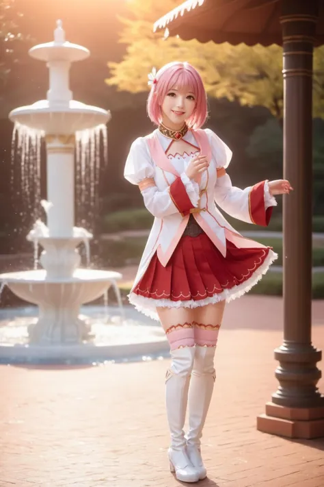 Candid photo of a beautiful girl, with captivating eyes, dancing happyly beside an fantasy fountain, (full body framing:1.4), (golden hour lighting:1.3), shot from side, on a Fujifilm X-T4 with a 35mm lens, in the style of Alfred Stieglitz, face focused, shy smile, wet, wet clothes, see through,
1girl, solo, <lora:YuiXL-000003:1> yui, pink hair, red pleated skirt, puffy sleeves, white thigh boots, white thighhighs, white footwear, yui \(princess_connect!\), blush, nose blush, medium breasts,
16k, ultra-detailed,(best quality),((masterpiece)), highres, professional, highly detailed background, vivid color