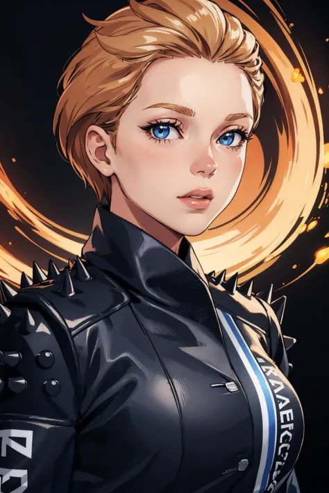 masterpiece, best quality, <lora:fragileds:0.9> fragileds, gloves, bodysuit, jacket, shoulder spikes, portrait, face, looking at viewer, abstract background