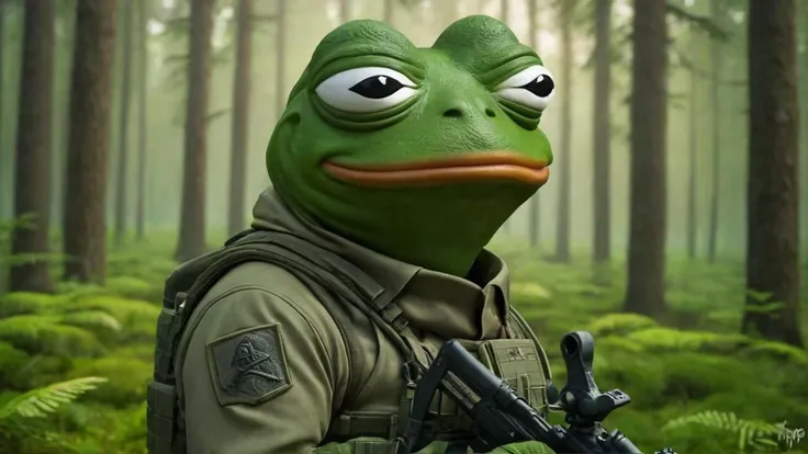 pepe the frog, special forces operator, photorealistic, forest,