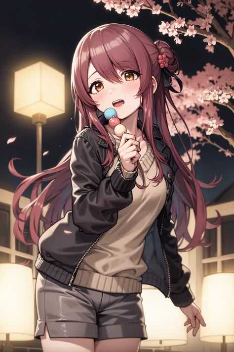 <lora:osaki tenka:1>, osaki tenka, medium breasts, 1girl, long hair, brown hair, yellow eyes,  lantern, cherry blossoms, night, solo, plaid, outdoors, holding, petals, plaid skirt, jacket, night sky, flower, looking up, brown hair, sky, skirt, half updo,  bangs, holding food, paper lantern, blurry, dango, tree, red hair, dutch angle, very long hair, sweater, wagashi, food, long sleeves, shorts, blurry foreground, star (sky), hair ornament, black jacket, depth of field, open mouth