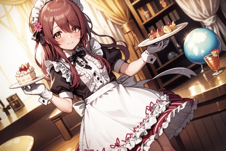 <lora:osaki tenka:1>, osaki tenka, medium breasts, 1girl, long hair, brown hair, yellow eyes, 1girl, dress, apron, food, frills, smile, gloves, short sleeves, strawberry, osaki amana, hair between eyes, looking at viewer, holding, hair ornament, skirt hold, frilled dress, bangs, fruit, bow, white gloves, striped, puffy sleeves, whisk, frilled apron, white apron, puffy short sleeves, hat, maid, closed mouth, maid headdress, sparkle, collarbone, balloon, flower, mob cap, shoes, blush, white headwear, brown hair, hair flower, candy, cake, black footwear, maid apron