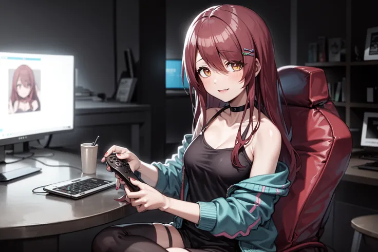 <lora:osaki tenka:1>, osaki tenka, medium breasts, 1girl, long hair, brown hair, yellow eyes, 1girl, headphones, solo, controller, long hair, keyboard (computer), choker, hair ornament, game controller, osaki amana, hairclip, holding controller, can, monitor, sitting, holding, bangs, looking at viewer, mouse (computer), yellow eyes, brown hair, collarbone, playing games, microphone, nail polish, red hair, hair between eyes, indoors, jewelry, smile, holding game controller, neon lights,