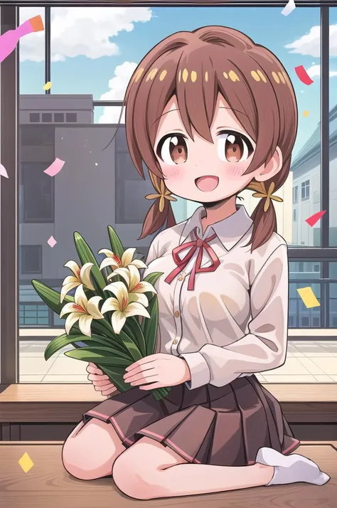 masterpiece,best quality,1girl,class room,shiny eyes,smile,blush,petite,upper body,normal breasts,iom, brown hair, brown eyes,short low twintails,summer school uniform,neck ribbon,white shirt,confetti,classroom,(lily bouquet)
 <lora:Miyo-LoCon:0.7>anime style <lora:nekotoufu_style_v1:0.8>