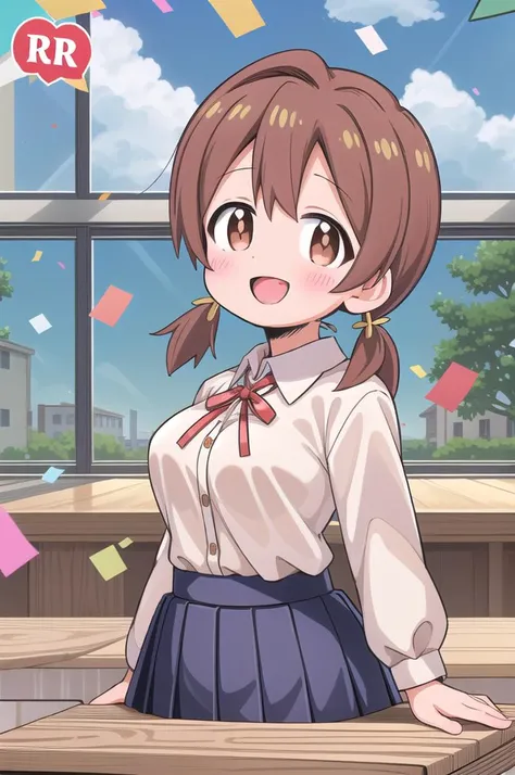 masterpiece,best quality,1girl,class room,shiny eyes,smile,blush,petite,upper body,normal breasts,iom, brown hair, brown eyes,short low twintails,summer school uniform,neck ribbon,white shirt,join hands,confetti,classroom
 <lora:Miyo-LoCon:0.7>anime style <lora:nekotoufu_style_v1:1>