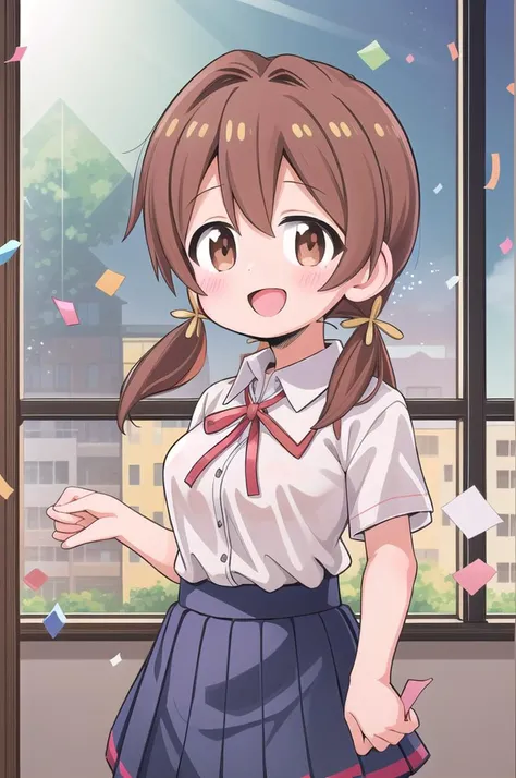 masterpiece,best quality,1girl,class room,shiny eyes,smile,blush,petite,upper body,normal breasts,iom, brown hair, brown eyes,short low twintails,summer school uniform,neck ribbon,white shirt,join hands,confetti,classroom
 <lora:Miyo-LoCon:0.7>anime style <lora:nekotoufu_style_v1:1>